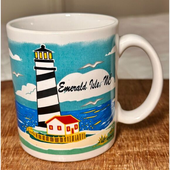 Vtg. Retro 1990s ERCO Emerald Isle, NC Coffee Mug Lighthouse Boat Beach Coastal - Picture 1 of 7